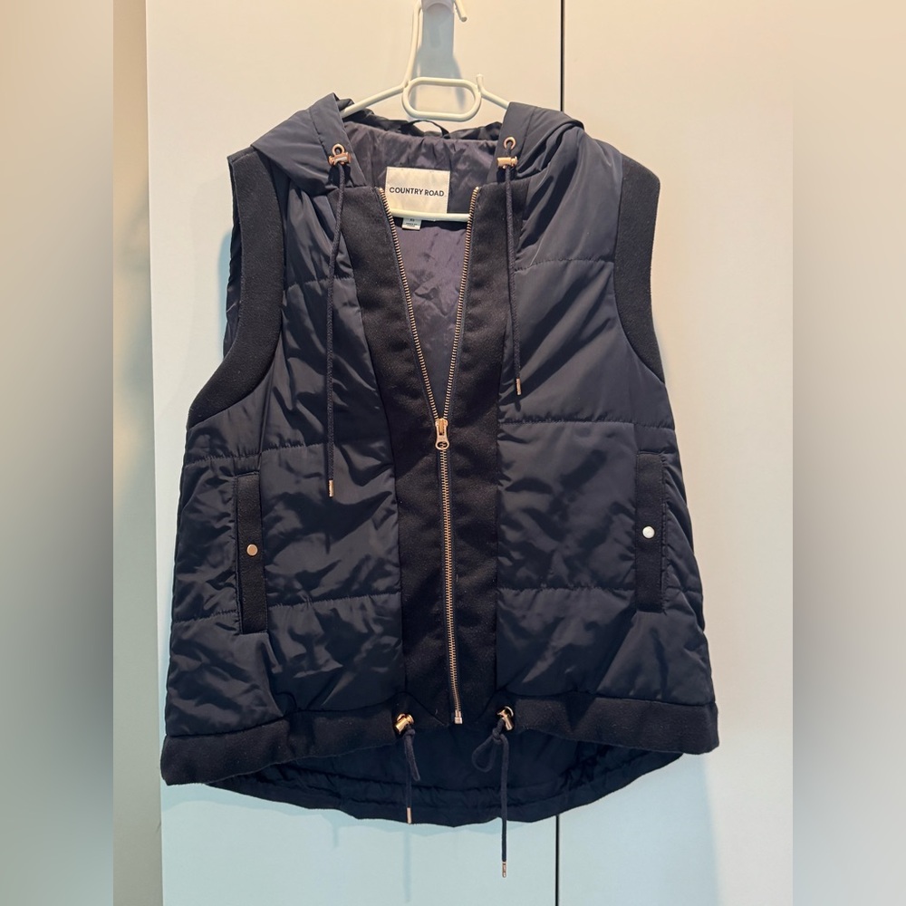 Country Road Quilted Hooded Vest in Navy with Gold Accents